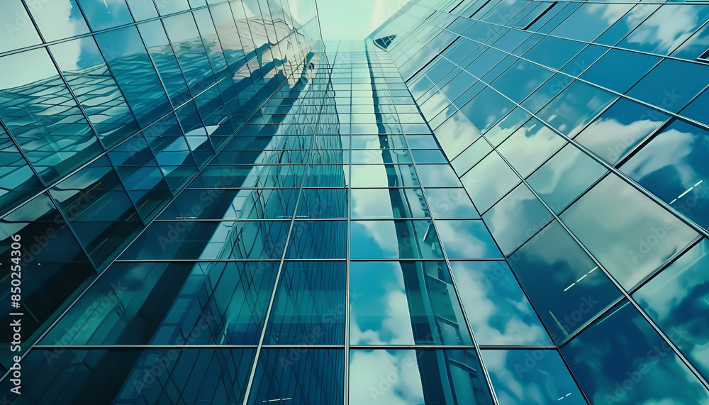 Obraz premium Beautiful view high office building with glass mirrored walls construction