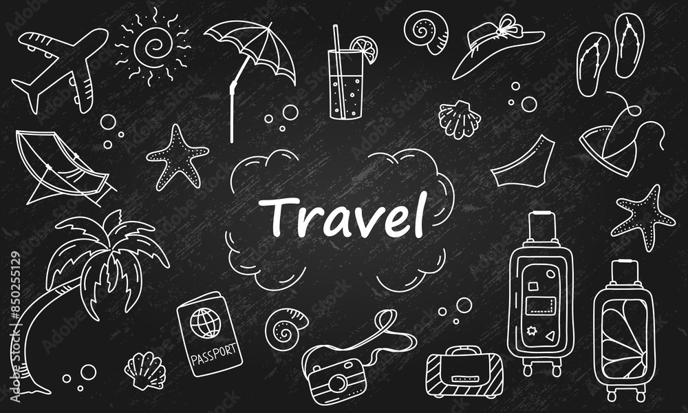 White Travel Doodles Set on a Blackboard, Icons Vacation, Texture Background, Concept, Hand Drawn, Outline, Sketch, Summer, Palm, Umbrella, Airplane, Hat, Bagage, Sun, Drink White Travel Doodles Set on a Blackboard, Icons Vacation, Texture Background, Concept, Hand Drawn, Outline, Sketch, Summer, Palm, Umbrella, Airplane, Hat, Bagage, Sun, Drink