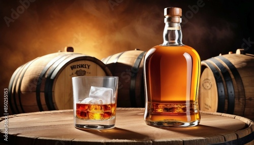 frosted whisky glass on wooden barrel and unbranded, unwritten whisky bottle, copy space for text

