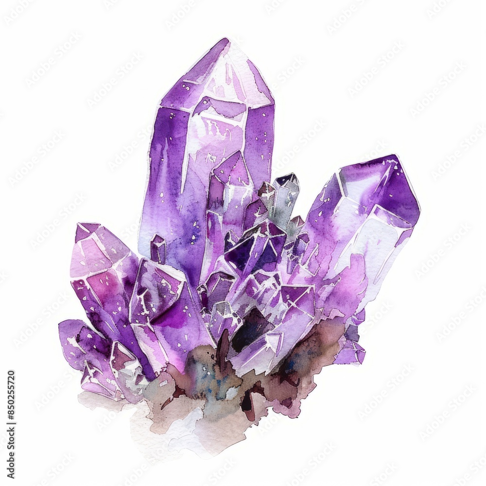 Watercolor painting of a cluster of glowing amethyst crystals, emitting a soft purple light, on isolated white background, Generative AI Watercolor painting of a cluster of glowing amethyst crystals, emitting a soft purple light, on isolated white background, Generative AI