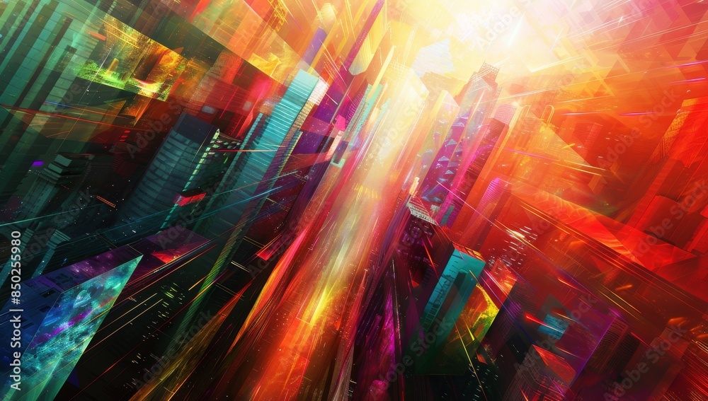 Digital art piece depicting an abstract futuristic cityscape, with vibrant colors and geometric shapes representing skyscrapers, surrounded by light rays and glowing highlights. Digital art piece depicting an abstract futuristic cityscape, with vibrant colors and geometric shapes representing skyscrapers, surrounded by light rays and glowing highlights.