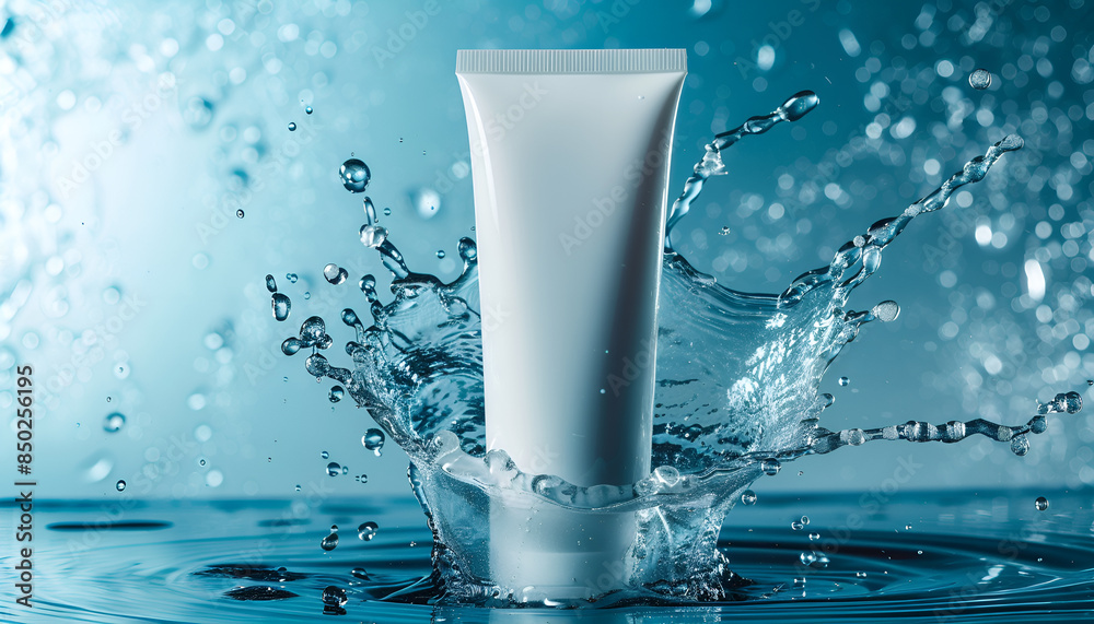 Close up white blank cosmetic cream tube with water splash on blue background