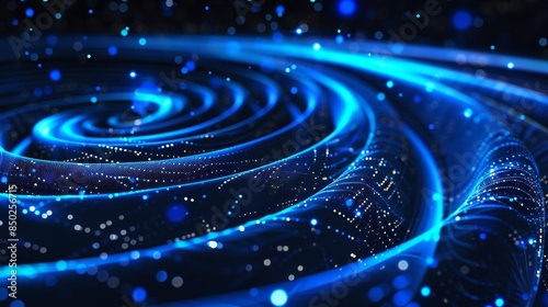 Digital blue glowing futuristic background with curved lines and data curves moving in the form of circles on a black background