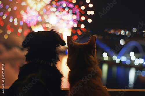 A dog and a cat watch the fireworks display in awe, enjoying the celebration and excitement of the holiday event.