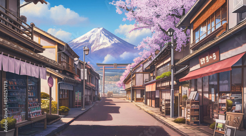 Japanese street with small shops, cherry blossoms and mountain in the background, in the style of anime generative ai © OOTIDI