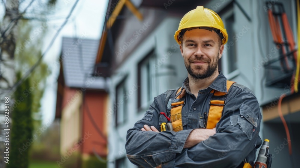 portrait of a smiling Caucasian electrician or Internet network installer in uniform with a tool near the customer's house portrait of a smiling Caucasian electrician or Internet network installer in uniform with a tool near the customer's house