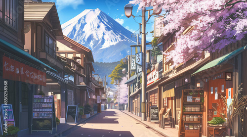 Japanese street with small shops, cherry blossoms and mountain in the background, in the style of anime generative ai