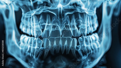 Highresolution Xray of a human jaw, showing the detailed bone structure of the mandible and maxilla The image provides a clear view of the teeth and the alignment of the jawbones photo