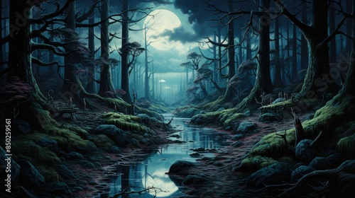 Moody forest at twilight with eerie glow