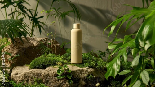 Product photography of an organic shampoo bottle with a white cap and beige body
