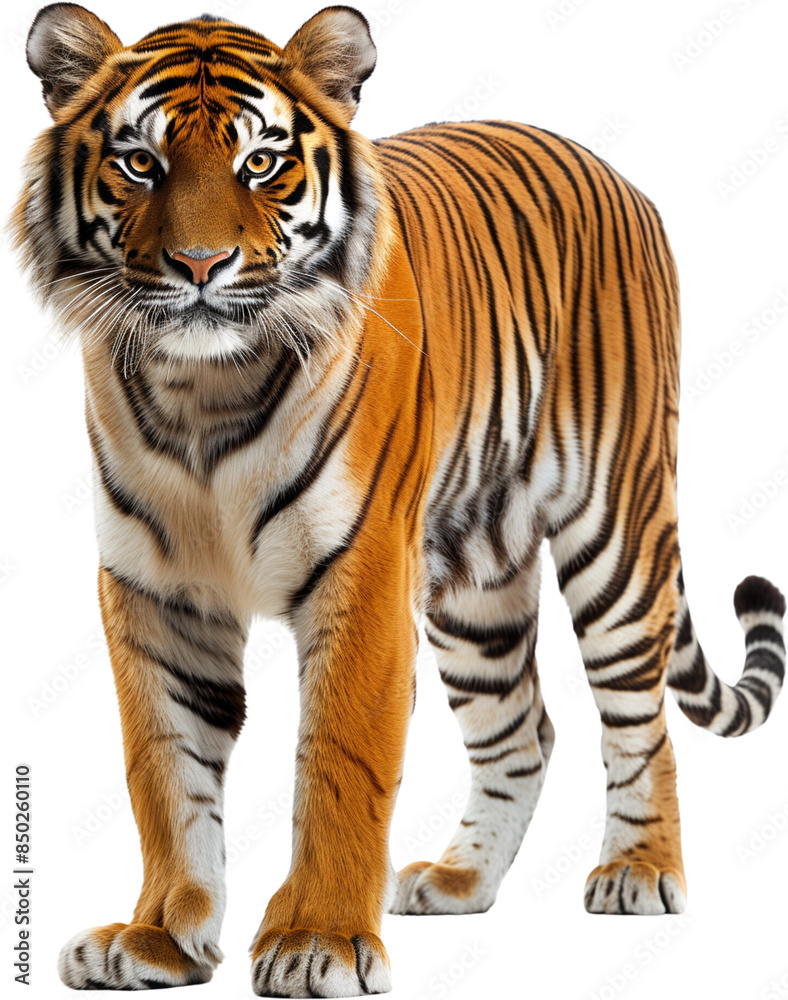 Obraz premium Powerful tiger stares ahead, its eyes sharp and penetrating