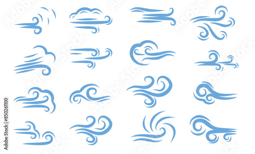Wind Air Flow Elements, Flowing Arrow, Air Flow Direction Vector Illustration Collection