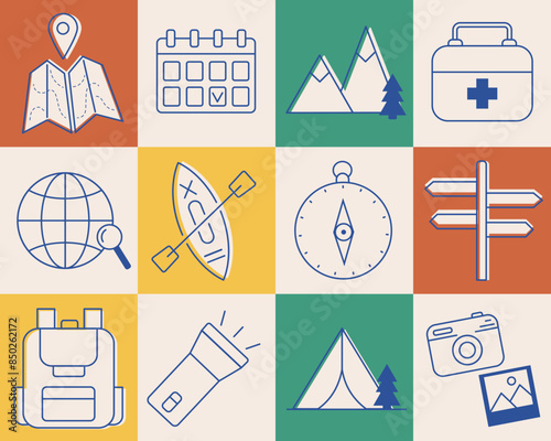 Travel supplies icons for outdoor base camp. Road trip, camping vector elements collection. Active tourism icons for tour, camping providers, summer camp, trip, journey abroad. Traveling background.