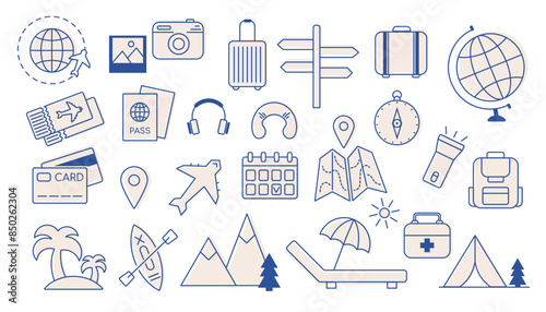 Set of travel elements. Collection of summer vacation trip at sea, beach vacation, summer vacation, journey. Active tourism icons for tour, camping providers, summer camp, trip, journey abroad.