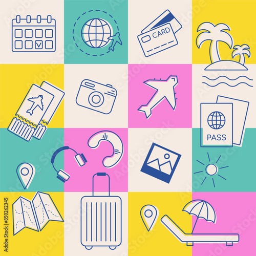 Traveling pattern, summer beach vacation collection, vector elements. Active tourism poster, with travel icons. For journey, trip provides, banner, card. Travel guide background, trip appliance set.