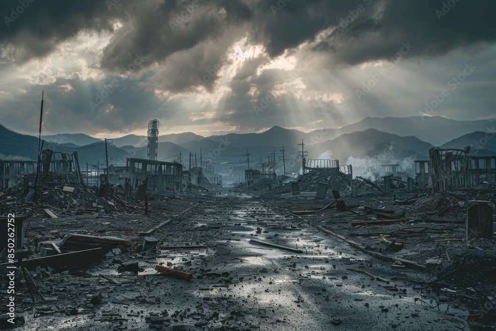 Nuclear devastation - atomic explosion and horrific aftermath, depicting immense destruction, suffering caused by blast, emphasizing enduring scars on humanity and nature. Nuclear devastation - atomic explosion and horrific aftermath, depicting immense destruction, suffering caused by blast, emphasizing enduring scars on humanity and nature.