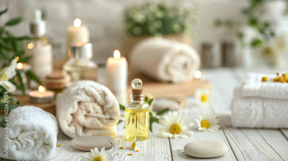 Serene Spa Treatment Flatlay, Natural Creams, Moisturizing Products, and Massage Stones