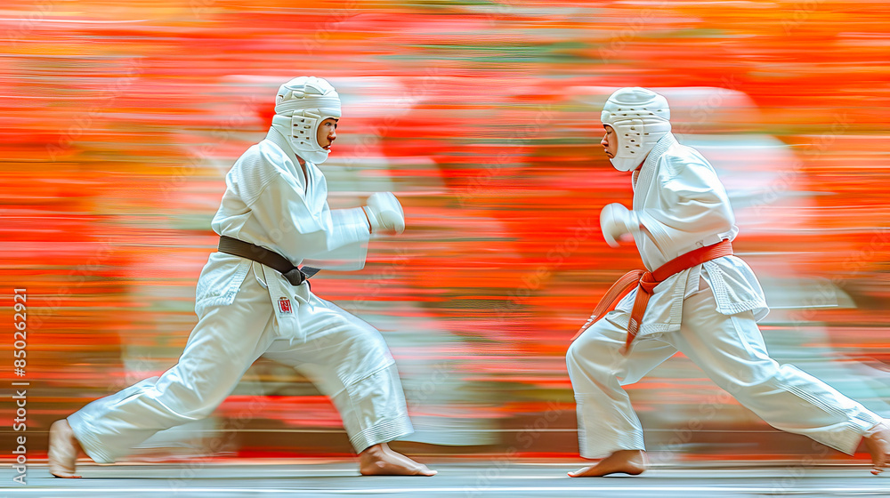 Naklejka premium Two karate fighters showing incredible speed and agility during kumite match