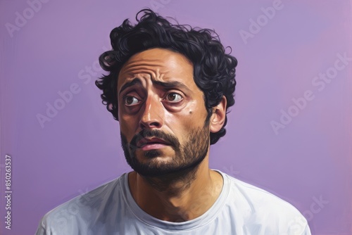 Sad man, 33, Middle Eastern, feeling insecure, on a pastel lavender grey background