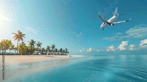 Fototapeta Naklejka Na Ścianę i Meble -  a passenger plane flies over the sea, beach and palm trees on a hot day. tourist ship cruises to the islands