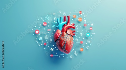 Anatomical heart model with health and medicine icons photo