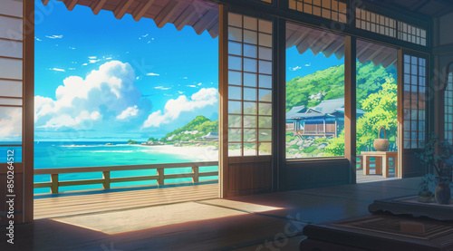 background Traditional Japanese Room with Ocean View - Generative AI © OOTIDI