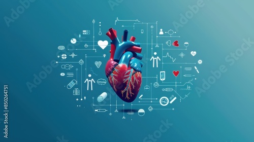 Anatomical heart model with health and medicine icons photo