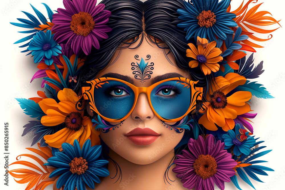 A woman with a flowery headdress and orange sunglasses. The woman is wearing a blue shirt A woman with a flowery headdress and orange sunglasses. The woman is wearing a blue shirt