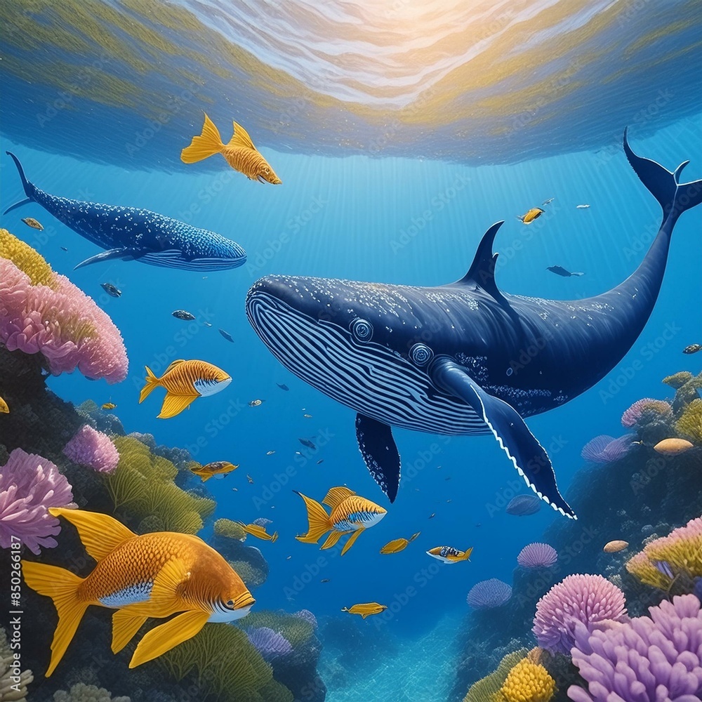 Naklejka premium 고래와 열대 물고기들