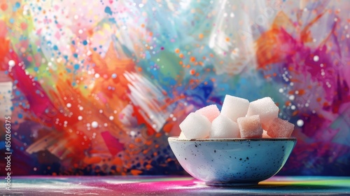Artistic bowl of sugar cubes with vibrant