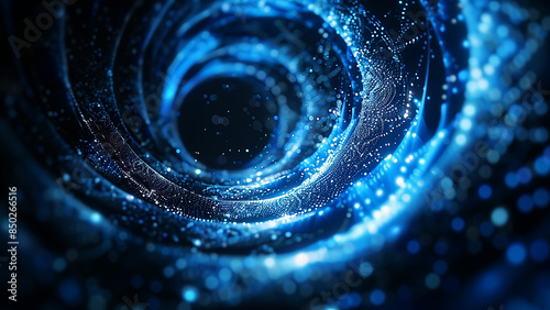 Abstract blue glowing lines in spiral shape on black background. Generate AI