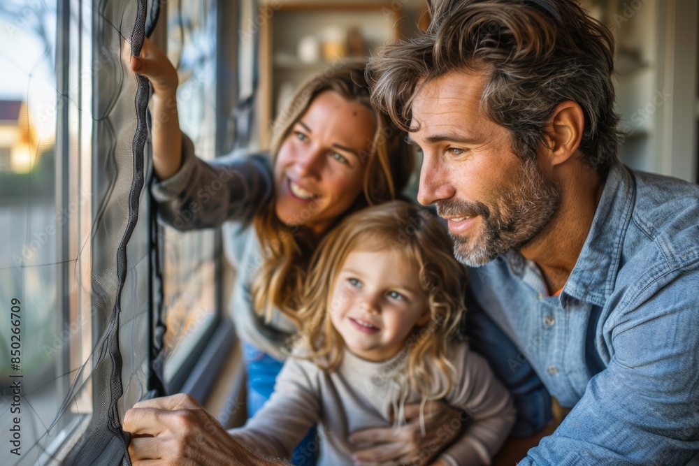 A family installing window screens to keep insects out A family installing window screens to keep insects out