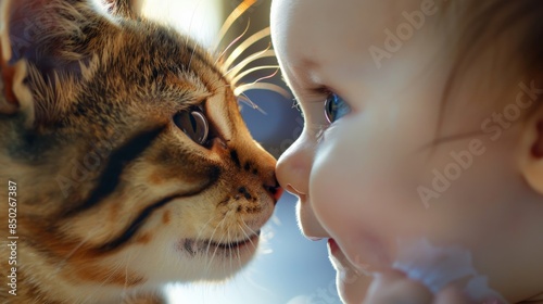 A cat and a baby are touching noses. The cat has a light brown fur with black stripes and the baby has light brown hair. They are both looking