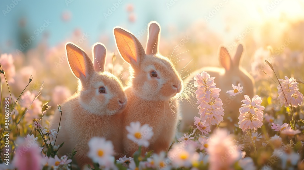 Cute rabbits among the meadows on a sunny day Cute rabbits among the meadows on a sunny day