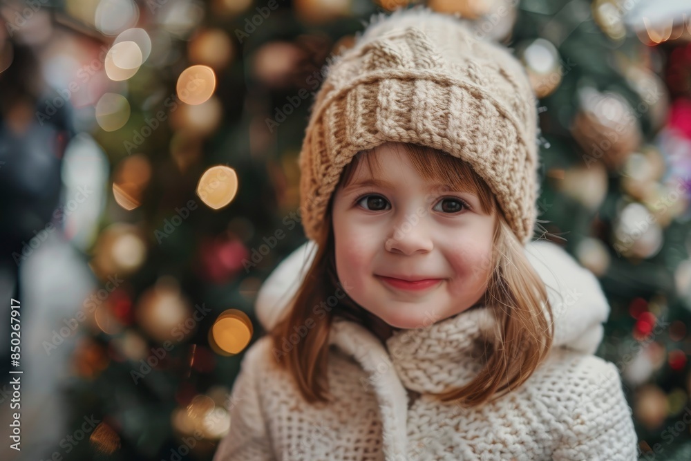 Smiling little girl in warm clothes looking at camera while standing near christmas tree at christmas market in covent garden - generative ai Smiling little girl in warm clothes looking at camera while standing near christmas tree at christmas market in covent garden - generative ai