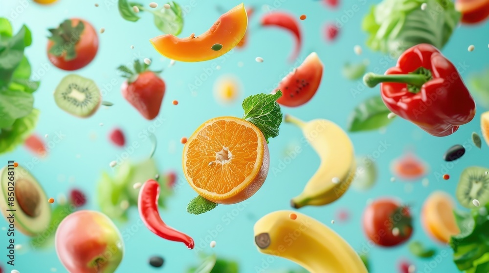 Assortment of fresh fruits and vegetables flying on a light teal background Assortment of fresh fruits and vegetables flying on a light teal background
