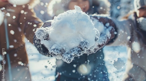 A group of friends are having a snowball fight in the park photo