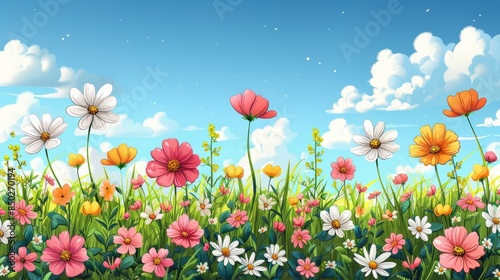 Beautiful meadow with blooming flowers on a green field with grass against a blue sky with sun in a natural park under the summer sun. Field of colored daisies under a blue sky with clouds
