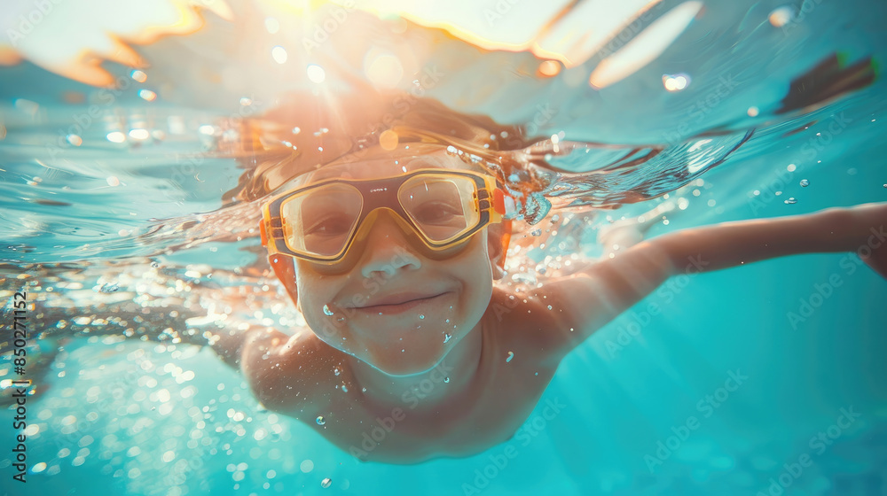 Naklejka premium Joyful Kid Diving and Swimming in Sparkling Pool at Resort During Summer Vacation