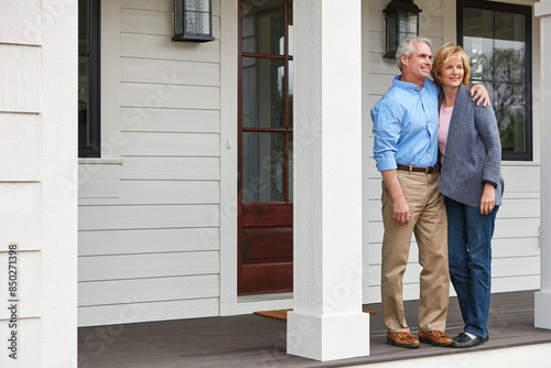 Home, outdoor and old couple with hug, retirement and happiness with relationship, marriage and property. House, front yard and senior man with mature woman, embrace and bonding together with joy © peopleimages.com