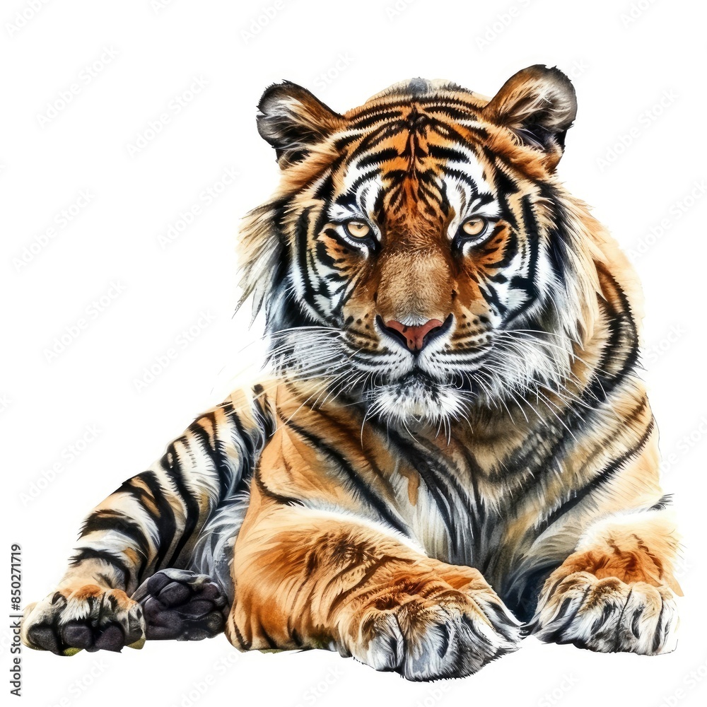 Naklejka premium Ultra realistic watercolor style illustration of beautiful tiger, high detailed, isolated on white