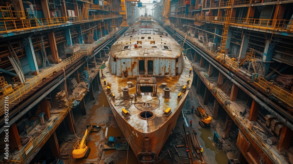Rusty Ship in Drydock at Shipyard. Large rusty ship is undergoing maintenance in a massive industrial shipyard drydock, showcasing extensive wear and machinery. Rusty Ship in Drydock at Shipyard. Large rusty ship is undergoing maintenance in a massive industrial shipyard drydock, showcasing extensive wear and machinery.