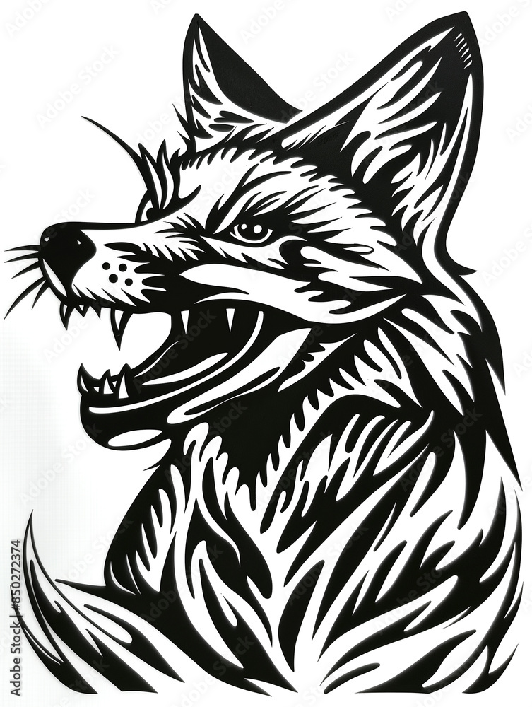 Obraz premium A black and white drawing of a fox with its mouth open and teeth bared