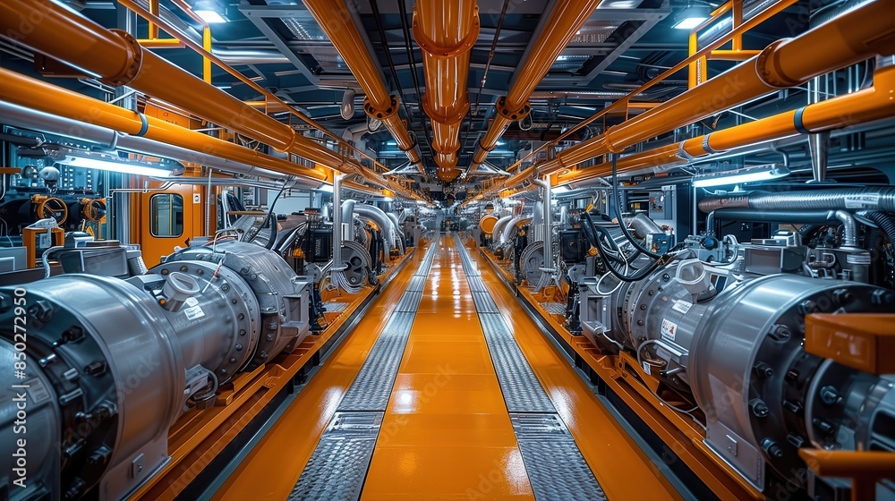 Brightly Lit Ship Engine Room. Brightly lit ship engine room, showcasing rows of pipes, valves, and industrial equipment in an organized layout. Brightly Lit Ship Engine Room. Brightly lit ship engine room, showcasing rows of pipes, valves, and industrial equipment in an organized layout.