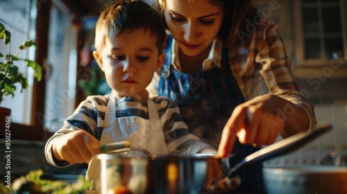 Wallpaper Mural AI assistant helping mother and son cooking in the kitchen. Torontodigital.ca