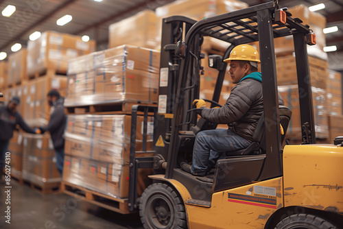 Forklift Operator in Busy Warehouse. Forklift operator maneuvering through a busy warehouse with stacked pallets, while workers manage inventory.