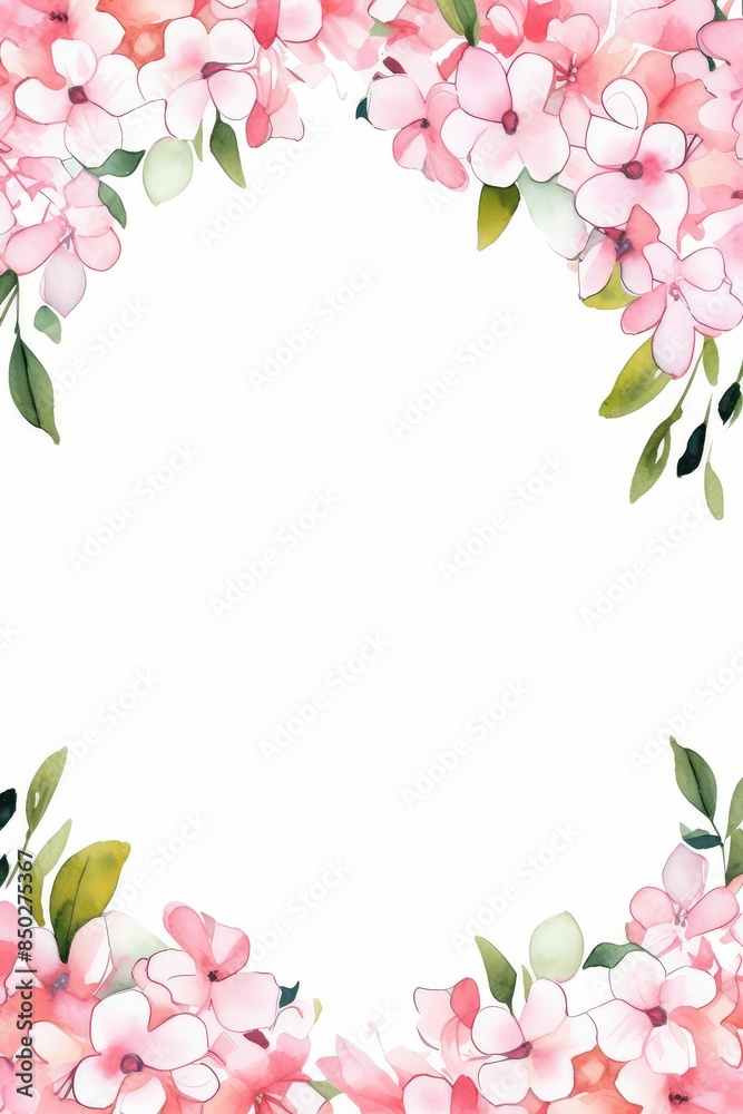 Fototapeta premium bouvardia themed frame or border for photos .with clusters of small pink and white flowers. watercolor illustration, white color background. 