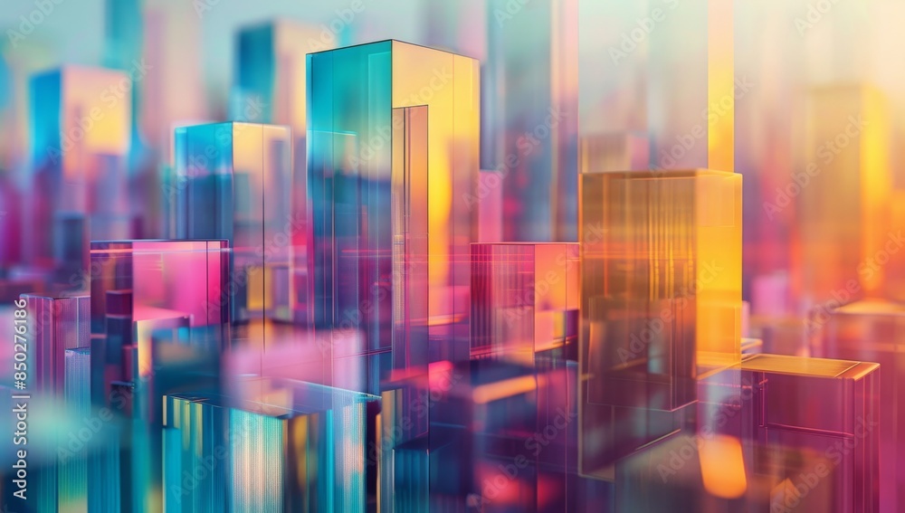 Digital art piece depicting an abstract futuristic cityscape, with vibrant colors and geometric shapes representing skyscrapers, surrounded by light rays and glowing highlights. Digital art piece depicting an abstract futuristic cityscape, with vibrant colors and geometric shapes representing skyscrapers, surrounded by light rays and glowing highlights.