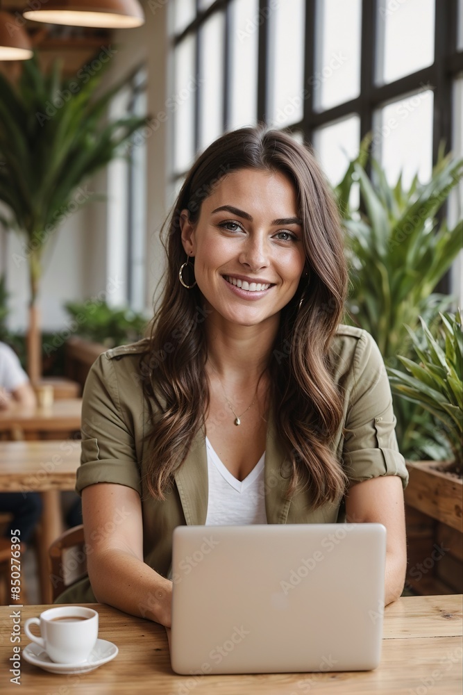 A young woman is sitting at a table with a laptop and a cup of coffee, looking at camera A young woman is sitting at a table with a laptop and a cup of coffee, looking at camera