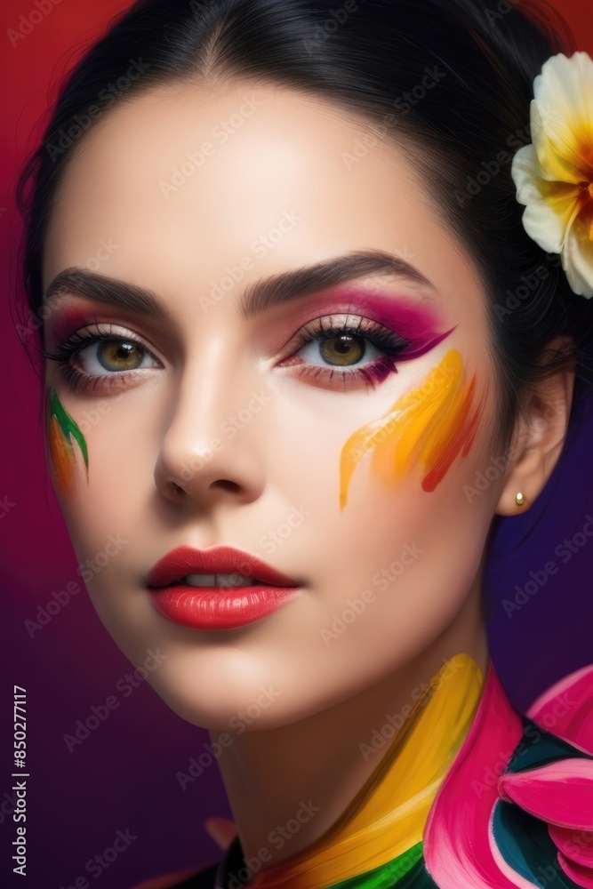 A woman with colorful makeup and a painted face A woman with colorful makeup and a painted face